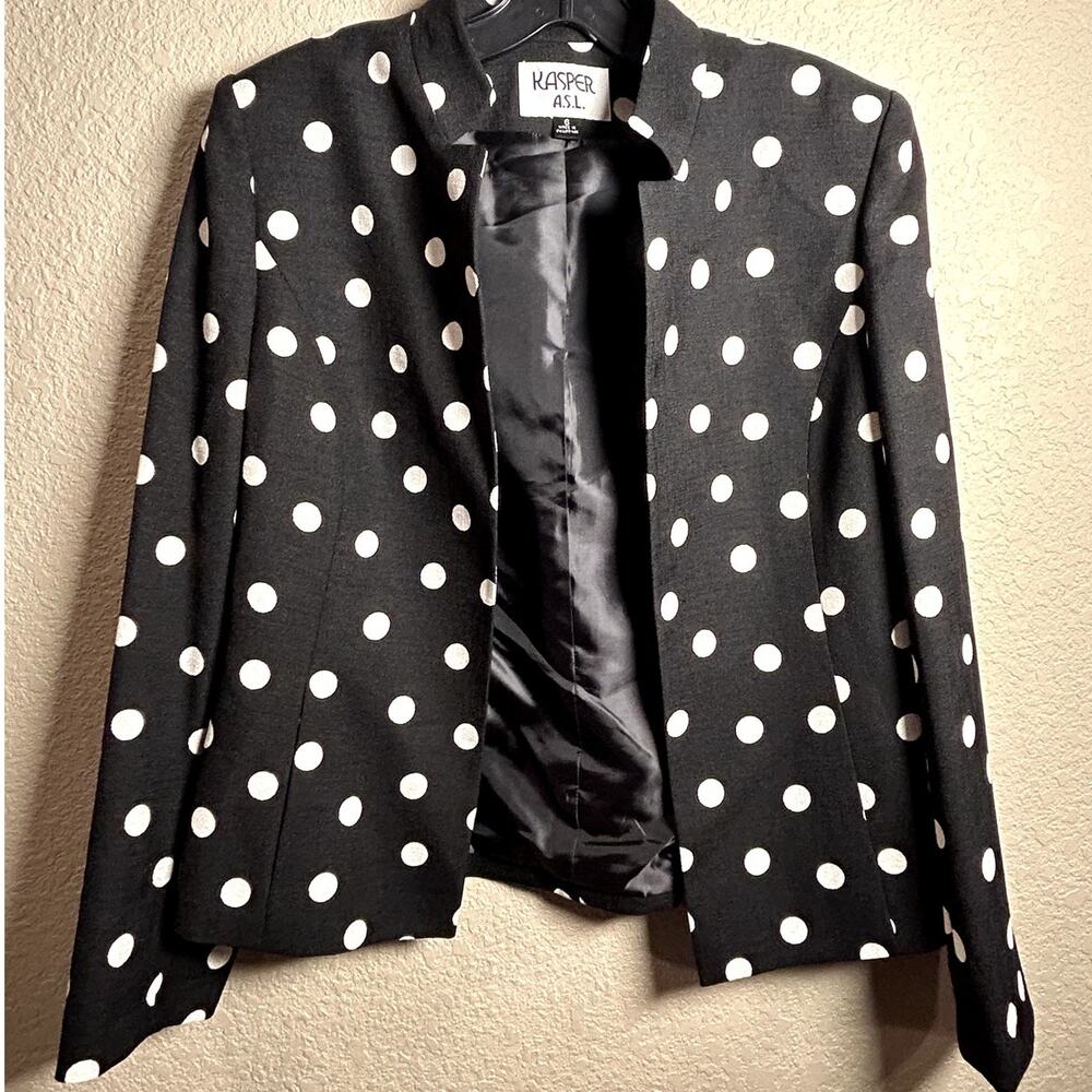 VTG Kasper Black White Polka Dot open womens blazer SZ 6